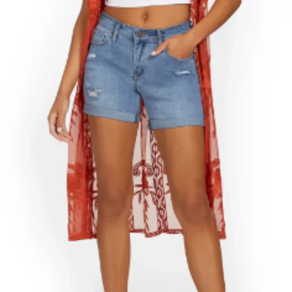 New York & Co High Waisted Dark Wash Distressed Denim Jean Shorts SZ 14